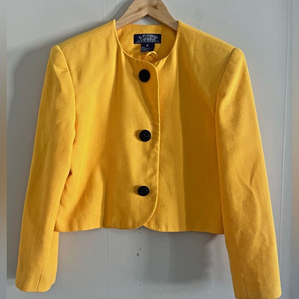 Vintage Mod Cropped Blazer Yellow Swing Jacket Statement Buttons Size 10-12